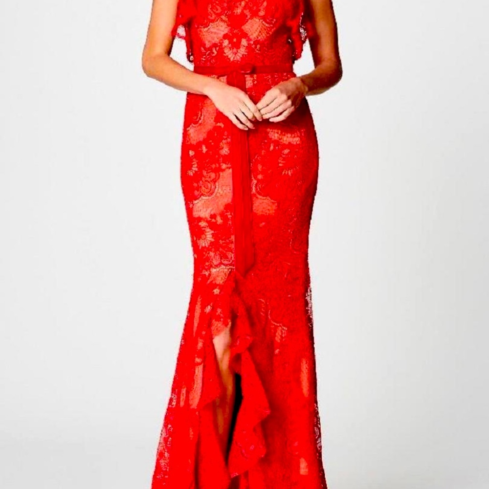 Marchesa Red Sleeveless Double Ruffle Lace Gown - Picture 4 of 6